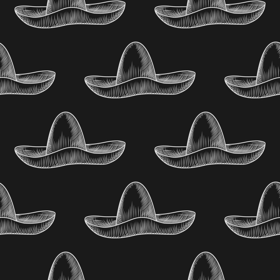 Hand drawn sombrero hat seamless pattern on blackboard. vector