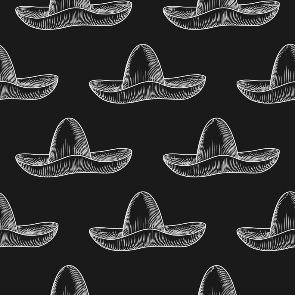 Hand drawn sombrero hat seamless pattern on blackboard. vector