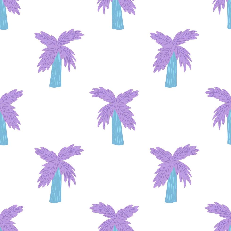 Isolated bright cartoon seamless pattern with simple purple palm tree silhouettes. White background. vector