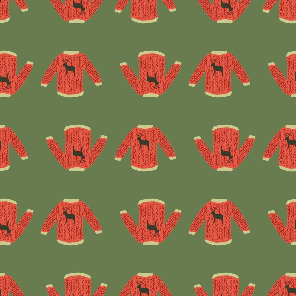 Holiday xmas red sweater doodle seamless pattern in hand drawn style. Green background. vector