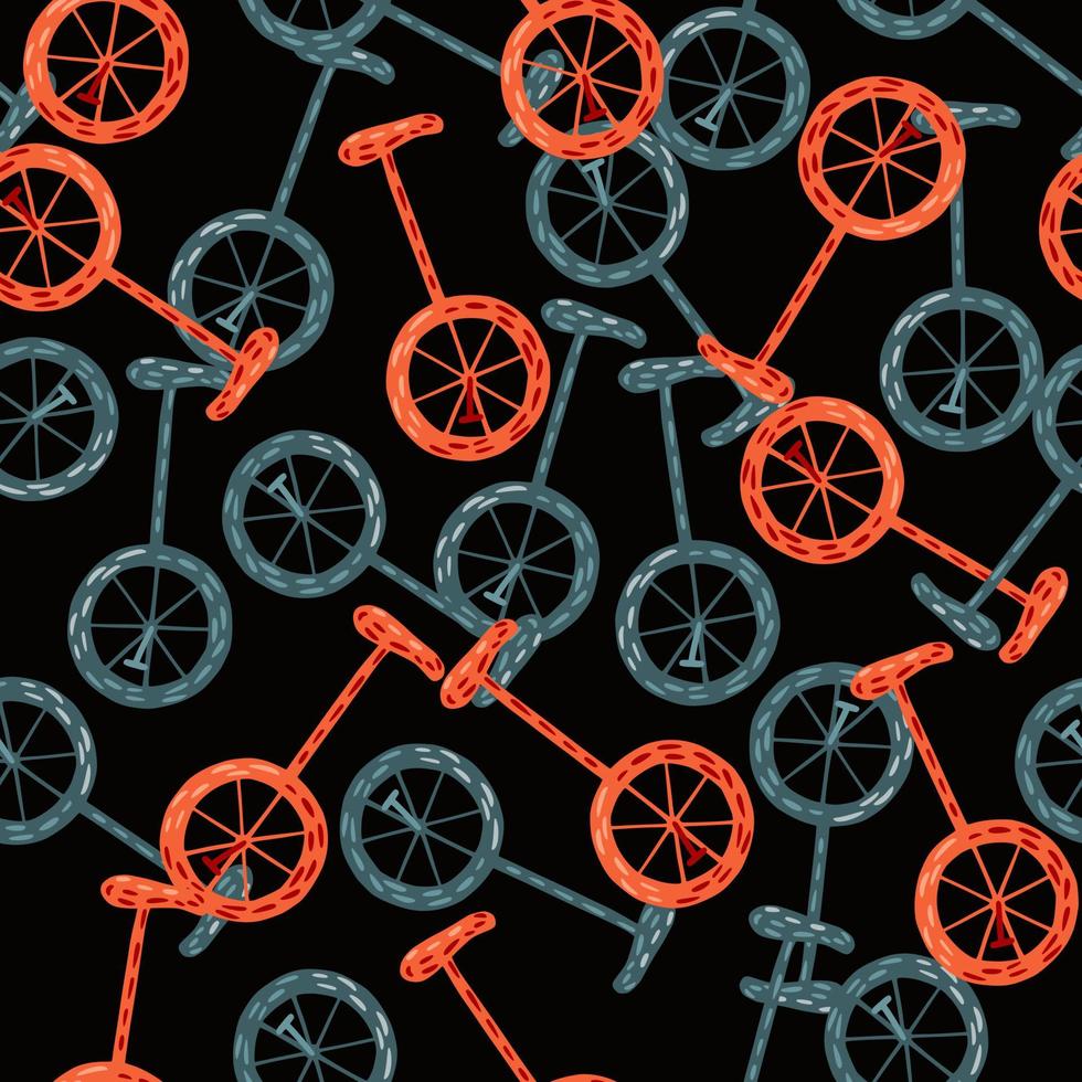 Random seamless pattern with blue and pink circus bicycle ornament. Black background. Contrast transport print. vector