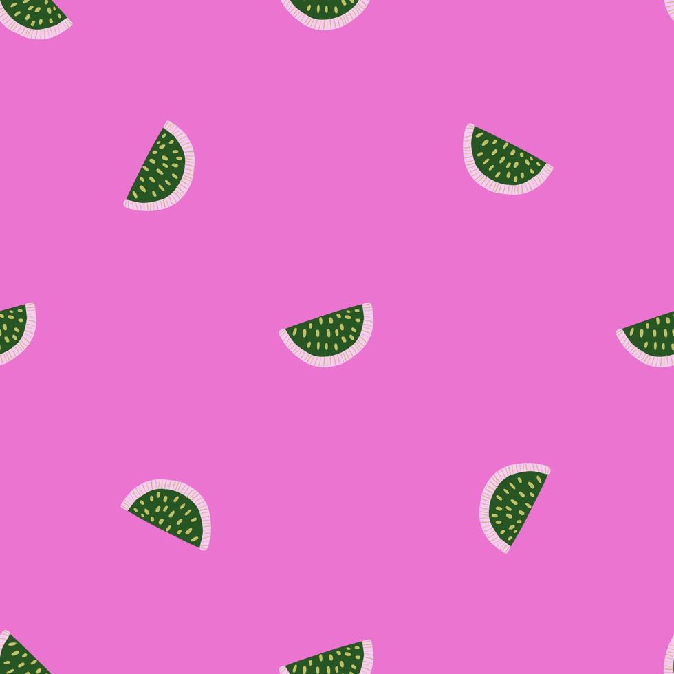 Minimalistic abstract seamless pattern with little green lemon slice print. Pink bright background. vector