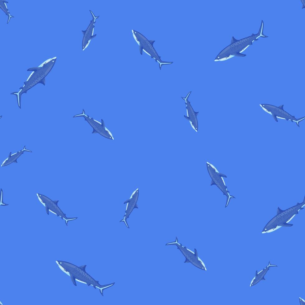 fondo azul brillante de tiburón tigre de patrones sin fisuras. textura azul de peces marinos para cualquier propósito. vector