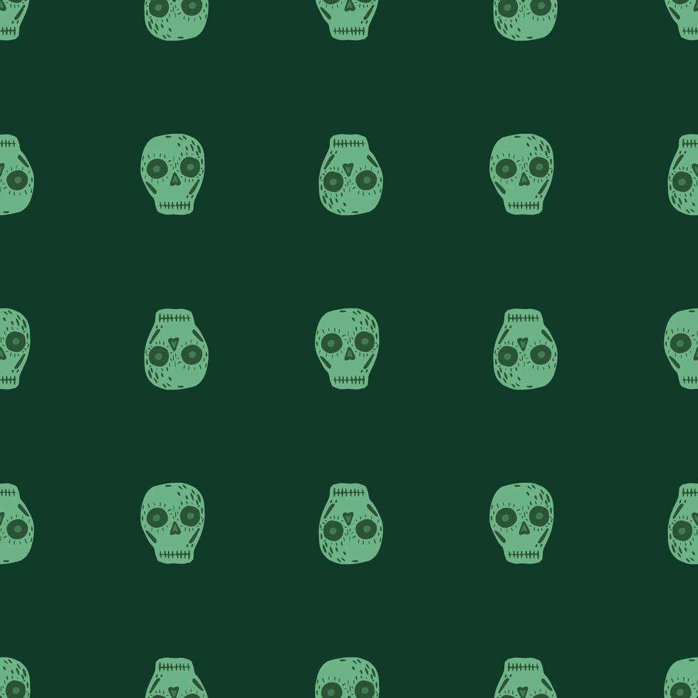 patrón aterrador mexicano sin fisuras con adorno de calavera. telón de fondo de tonos verdes. impresión festiva del día de la muerte. vector