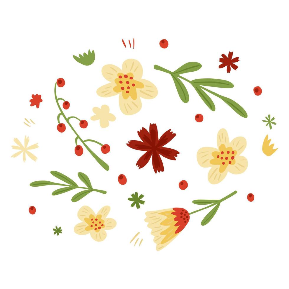 Composition from flowers and foliage on white background. Abstract botanical sketch hand drawn in style doodle. vector