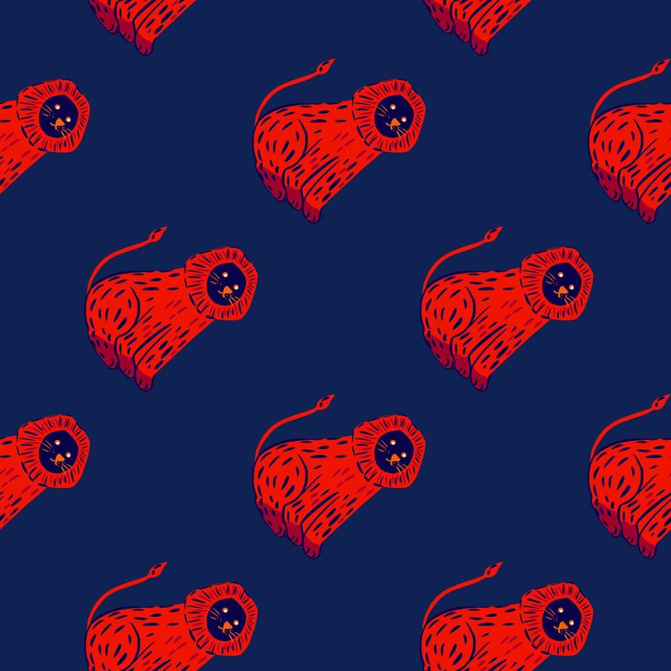 Contrast bright seamless pattern with red simple lion shapes print. Navy blue background. Doodle style. vector