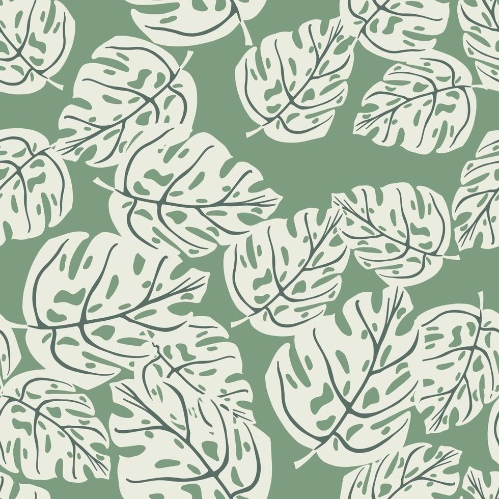 Random seamless flora tropic pattern with doodle monstera leaf shapes. Green pastel background. vector