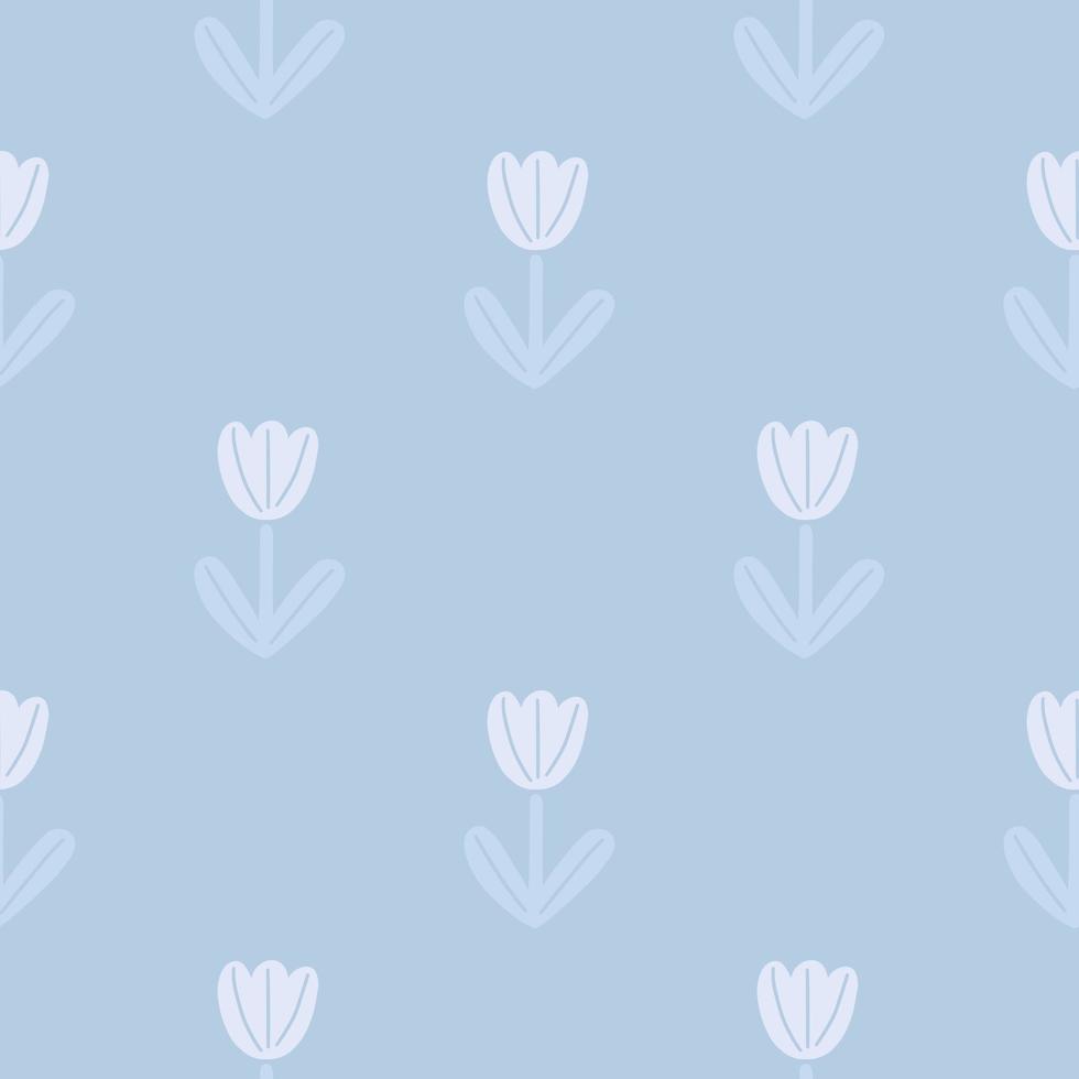 Minimalistic style seamless pattern with tulip simple flowers shapes. Blue light background. Bloom artwork. vector