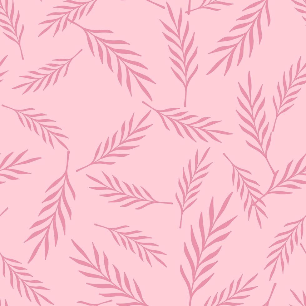Random natural seamless pattern with random abstract leaf branches shapes. Pink background. Organic style. vector