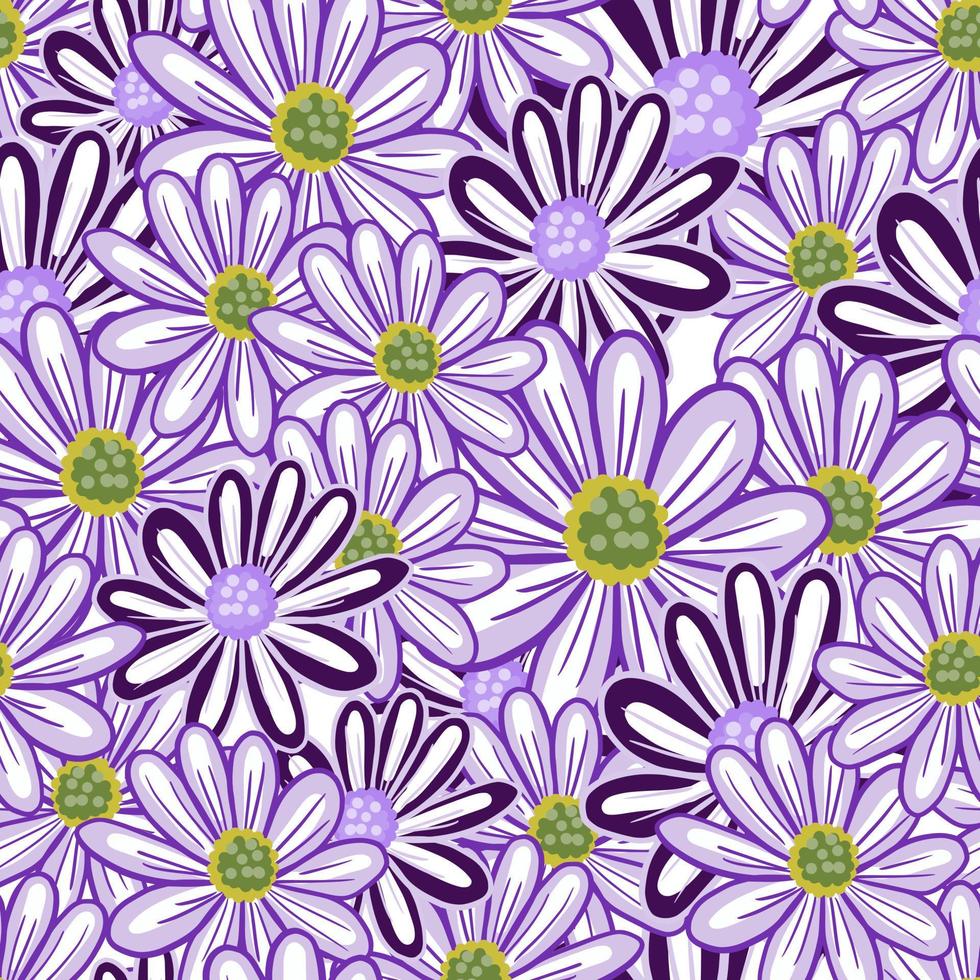 Natural seamless pattern with random purple contoured daisy flowers ornament. Cute floral hand drawn artwork. vector