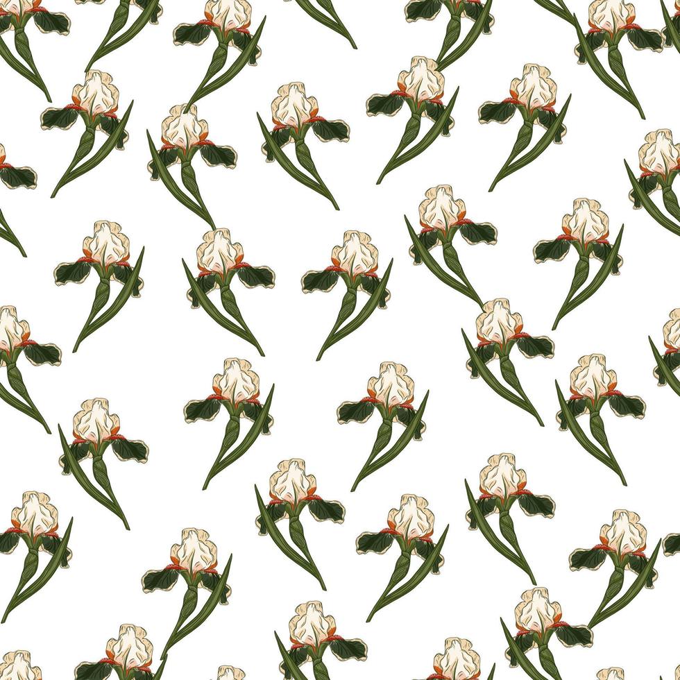 Isolated seamless doodle pattern with random little green iris flowers ornament. White background. vector