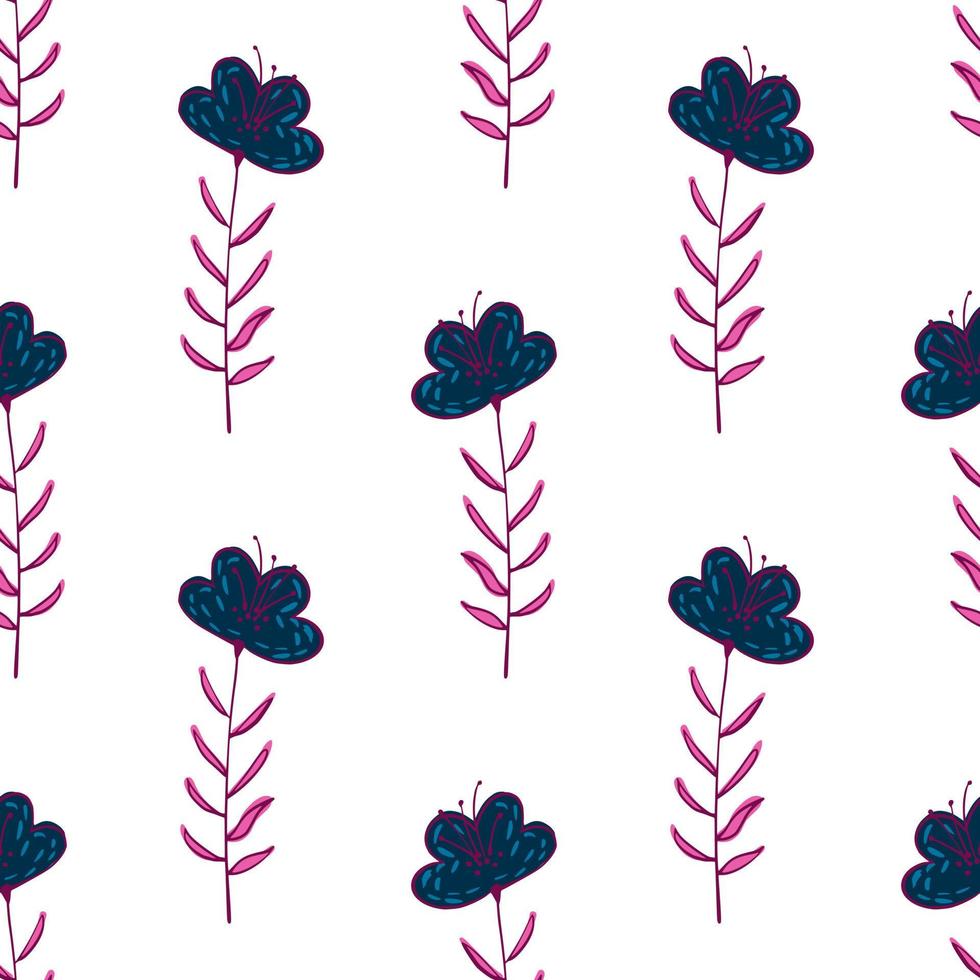 Isolated seamless pattern with decorative doodle outline navy blue flowers. White background. vector