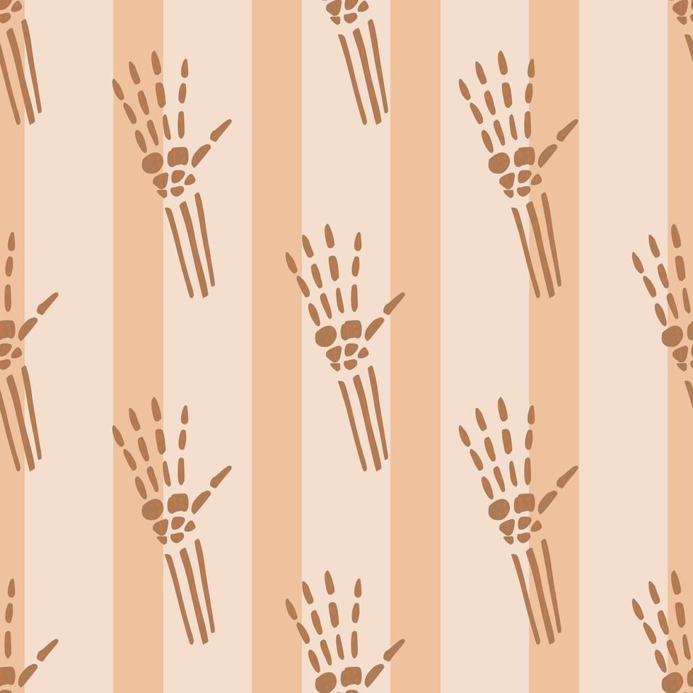 Anatomical seamless pattern with brown outline bones hand ornament. Striped beige background. vector