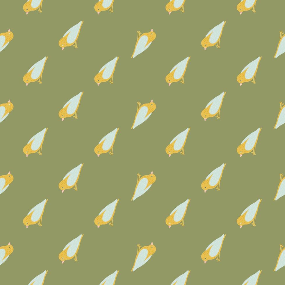 Abstract seamless zoo pattern with yellow and grey colored birs ornament. Green olive background. vector