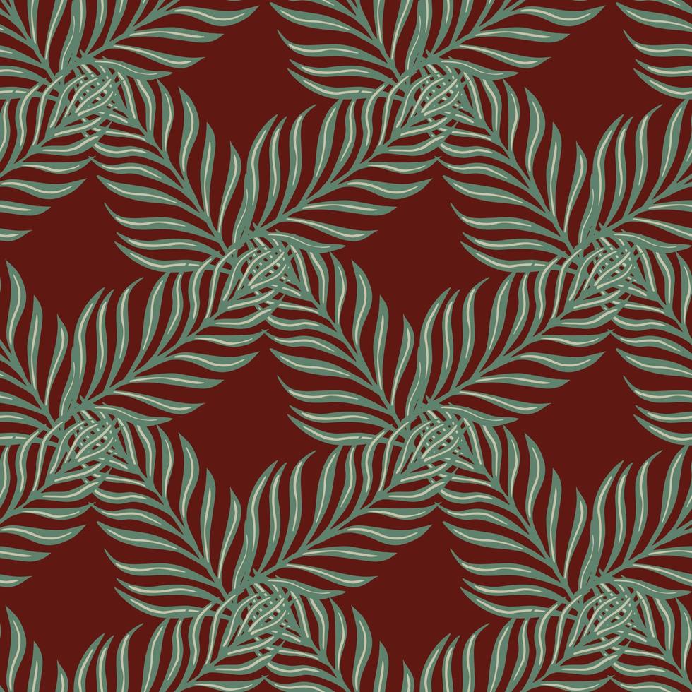 Seamless pattern in geometric style with simple fern leaf ornament. Pale dark maroon background. vector