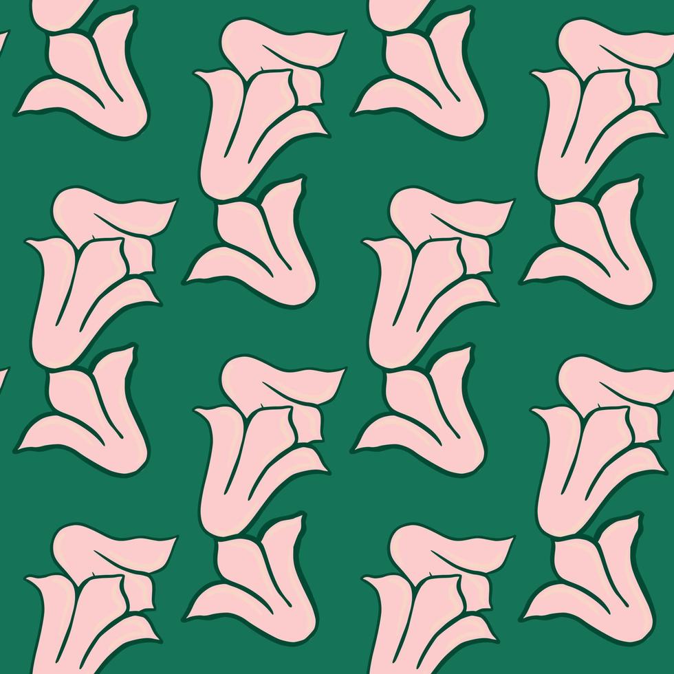 Abstract seamless pattern with outline pink campanula flowers shapes. Green background. Bright print. vector