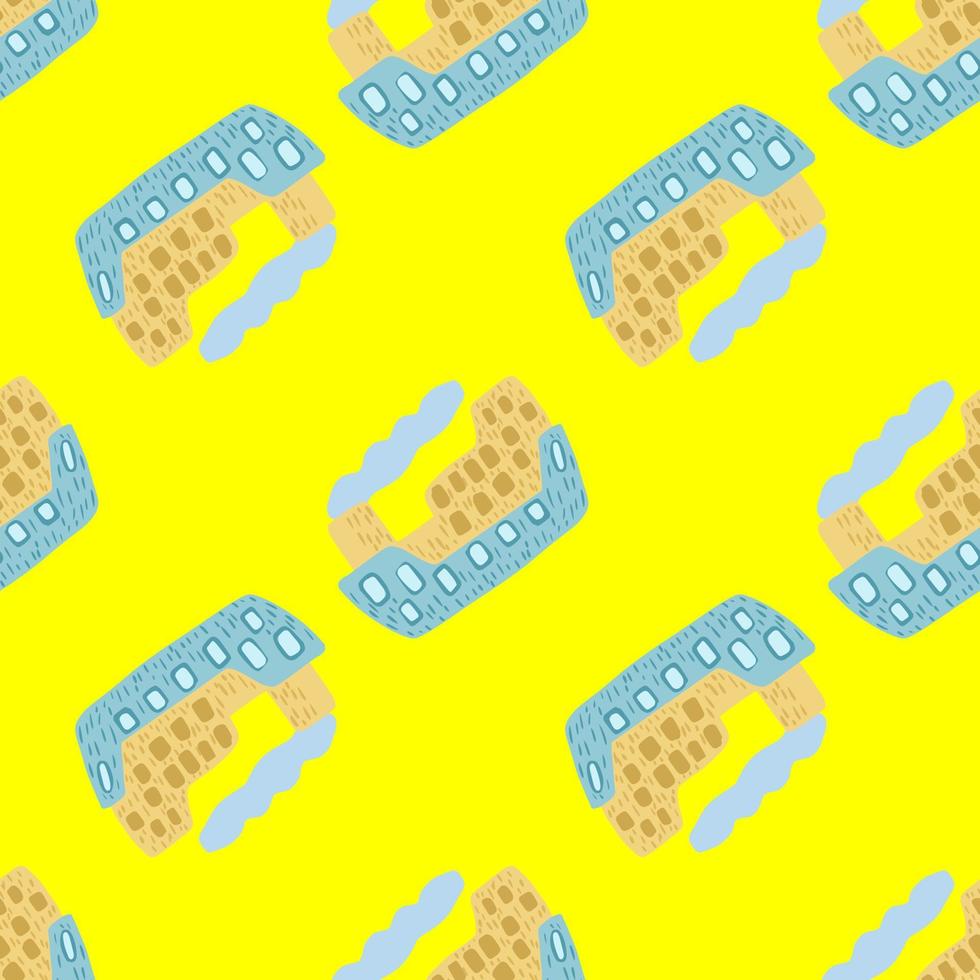 Bright cartoon seamless childish pattern with blue steamship silhouettes. Yellow background. vector