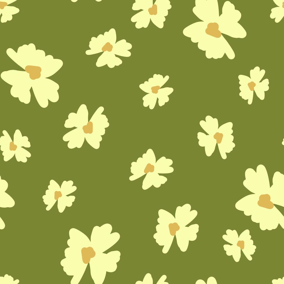 Abstract seamless pattern with botany flowers random yellow ornament. Green olive background. vector