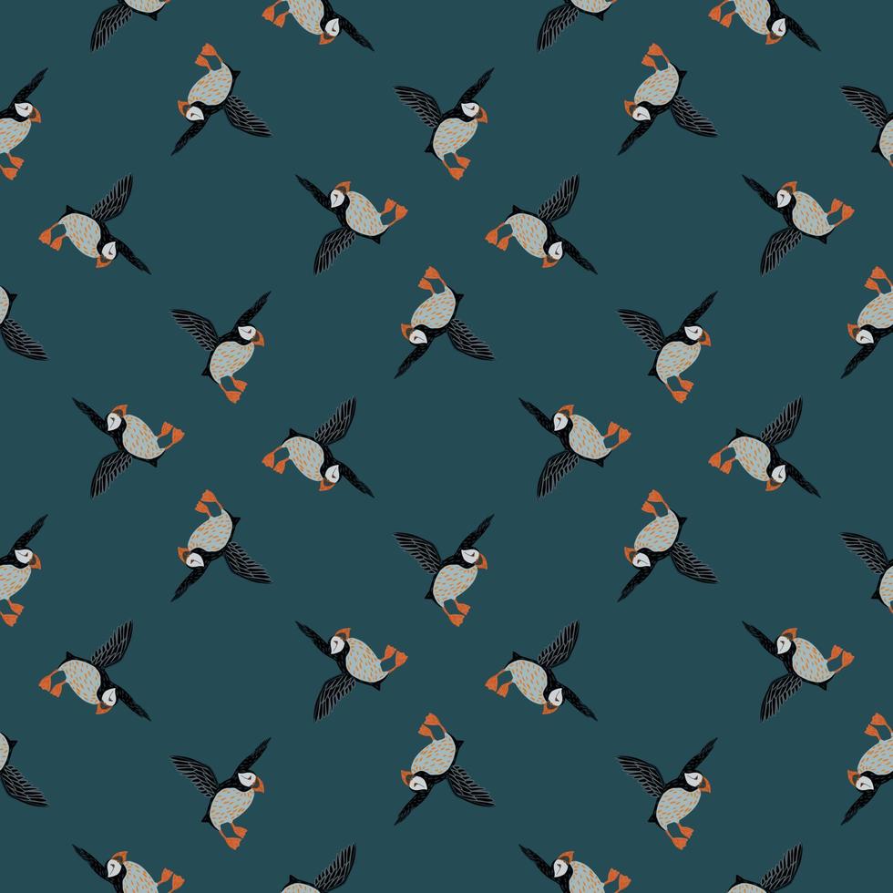 Geometric abstract seamless pattern with hand drawn cartoon puffin shapes. Dark turquoise background. vector