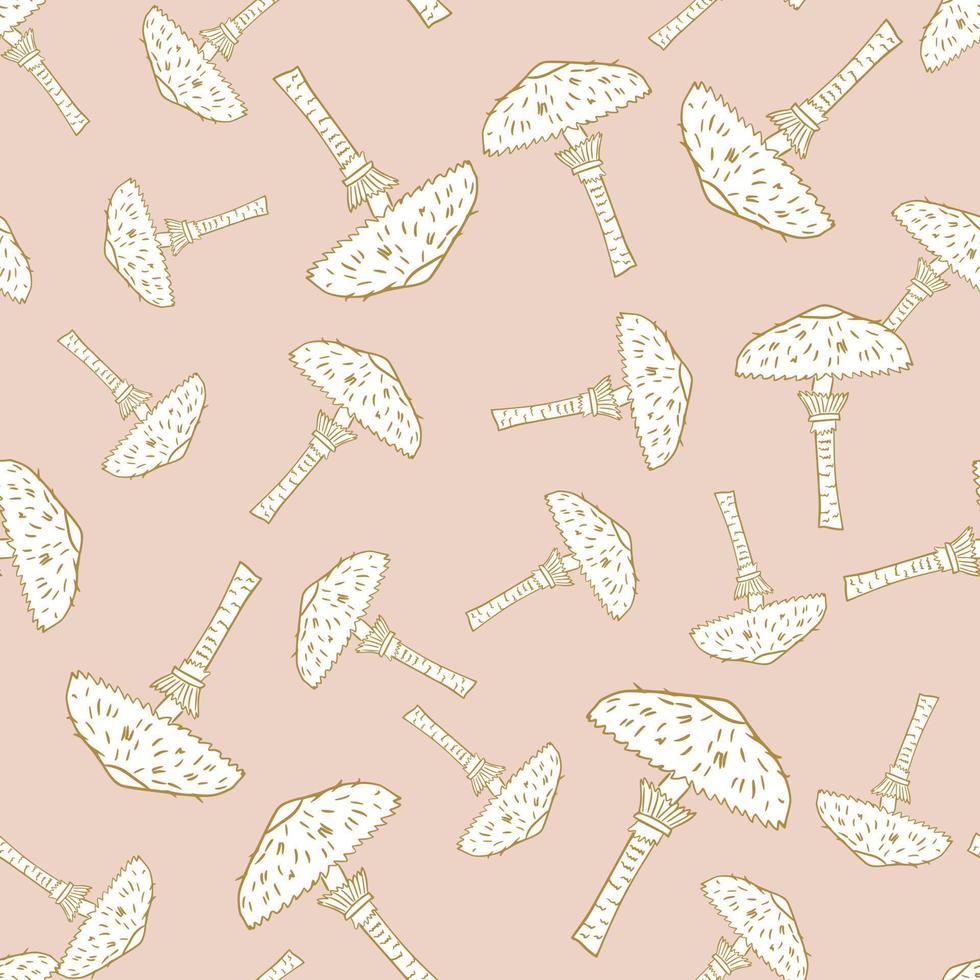 Hand drawn fall seamless pattern with white random mushroom shapes. Pastel pink background. vector