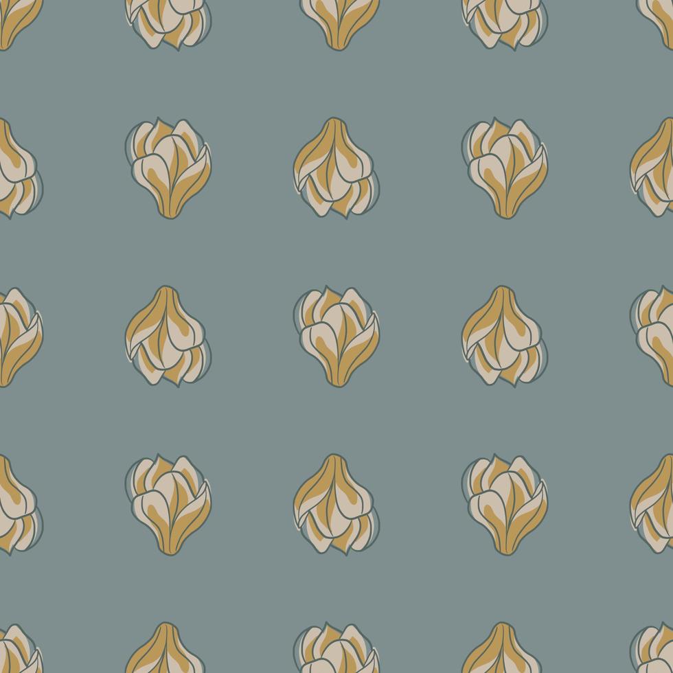 Decorative seamless pattern with pale grey and ocher magnolia flower print. Blue pastel background. vector