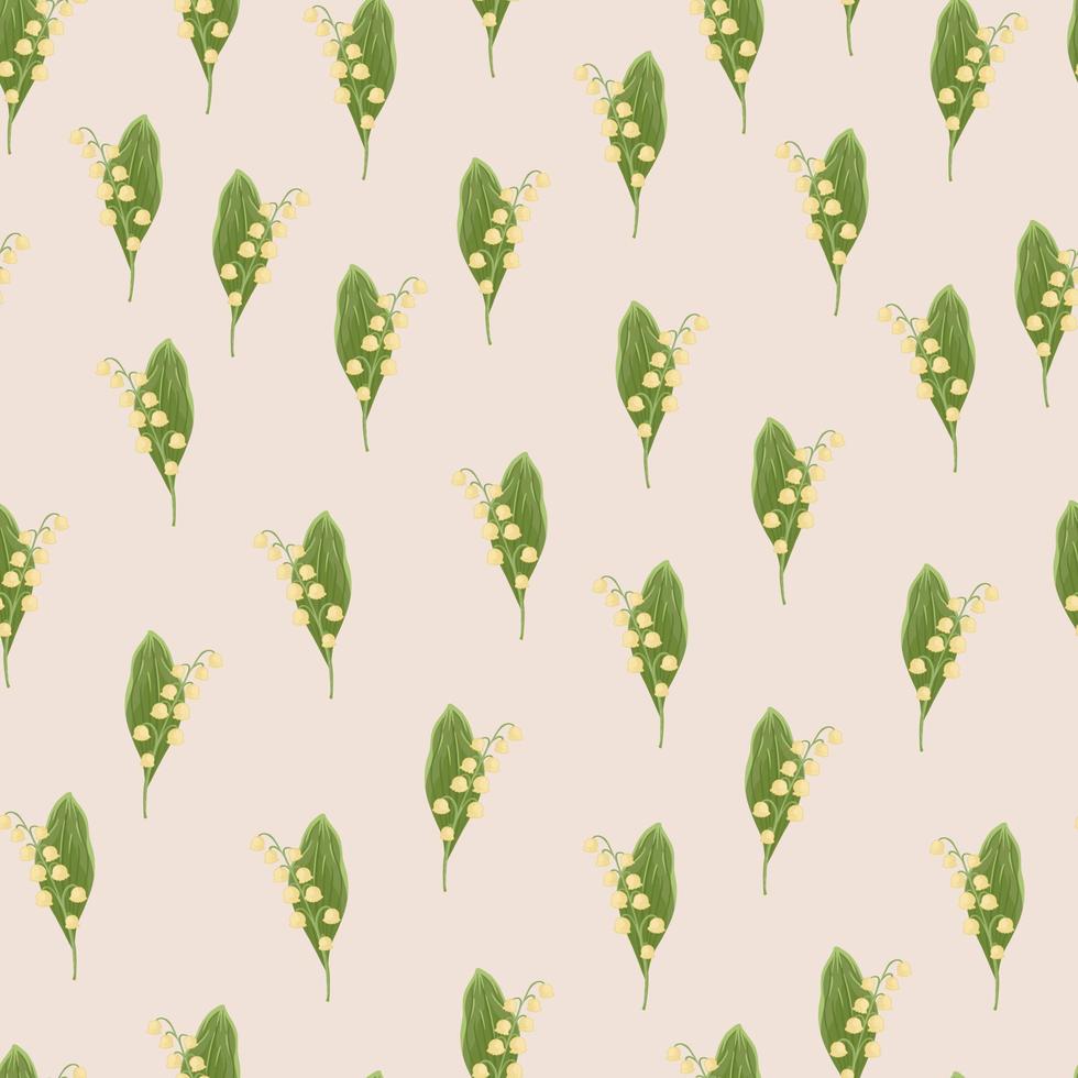 Hand drawn little random green lily of the valley silhouettes seamless pattern. Pastel pink background. vector