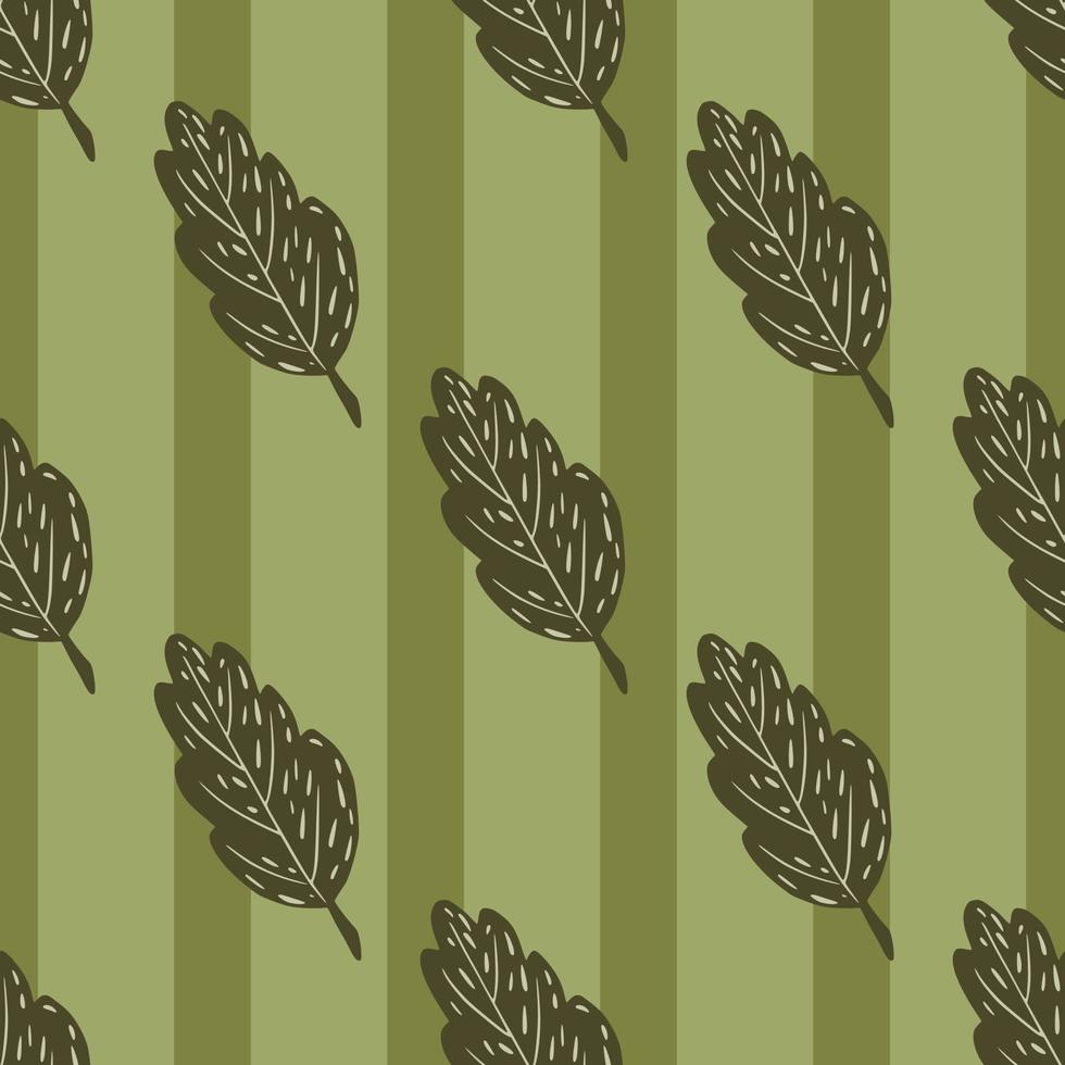 Autumn season seamless pattern with brown leaves print. Green pale striped background. vector