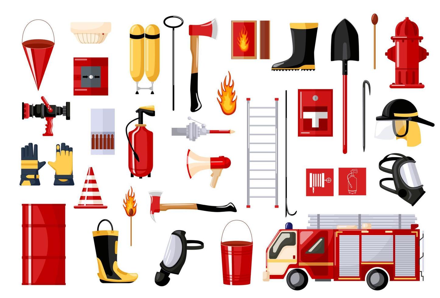 conjunto de bombero sobre fondo blanco. vehículo de extinción de incendios e hidrante, casco, manguera, extintor, escalera, máscara de gas. estilo plano vector