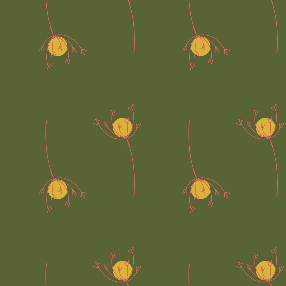 Yellow and pink abstract yarrow flower ornament seamless pattern. Green olive background. SImple style. vector