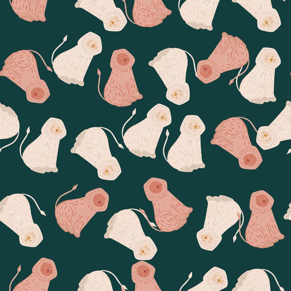 Random pink colored lion silhouettes seamless pattern. Dark turquoise background. Childish print. vector