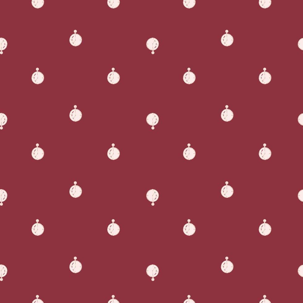Abstract seamless pattern with white timer doodle print. Maroon background. Decorative stopwarch print. vector
