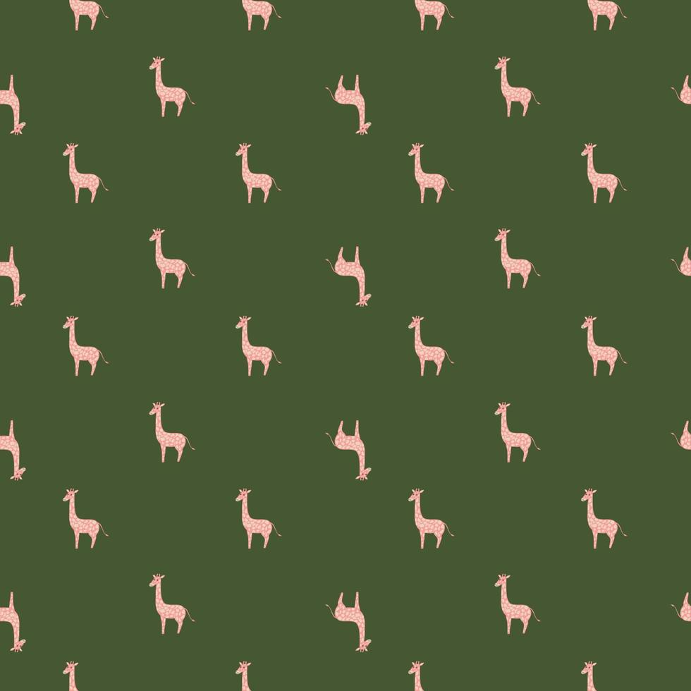 Abstract seamless animal safari seamless pattern with pink little giraffe ornament. Green background. vector