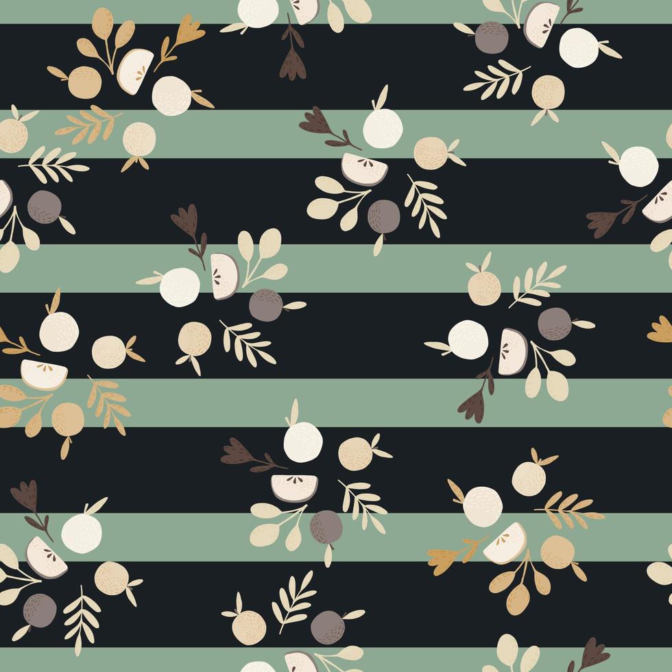 Organic random seamless pattern with doodle apple and leaves elements. Striped background. vector