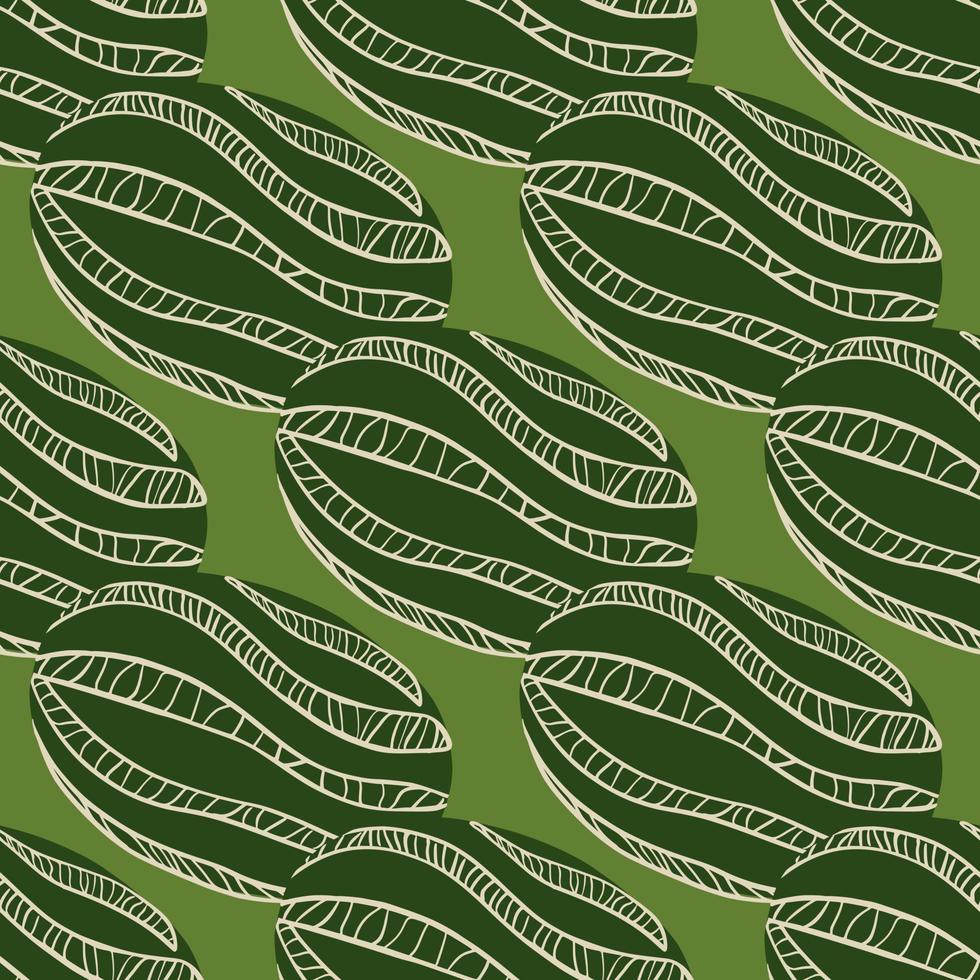 Doodle seamless pattern with striped abstract watermelon shapes. Green olive background. Simple style. vector