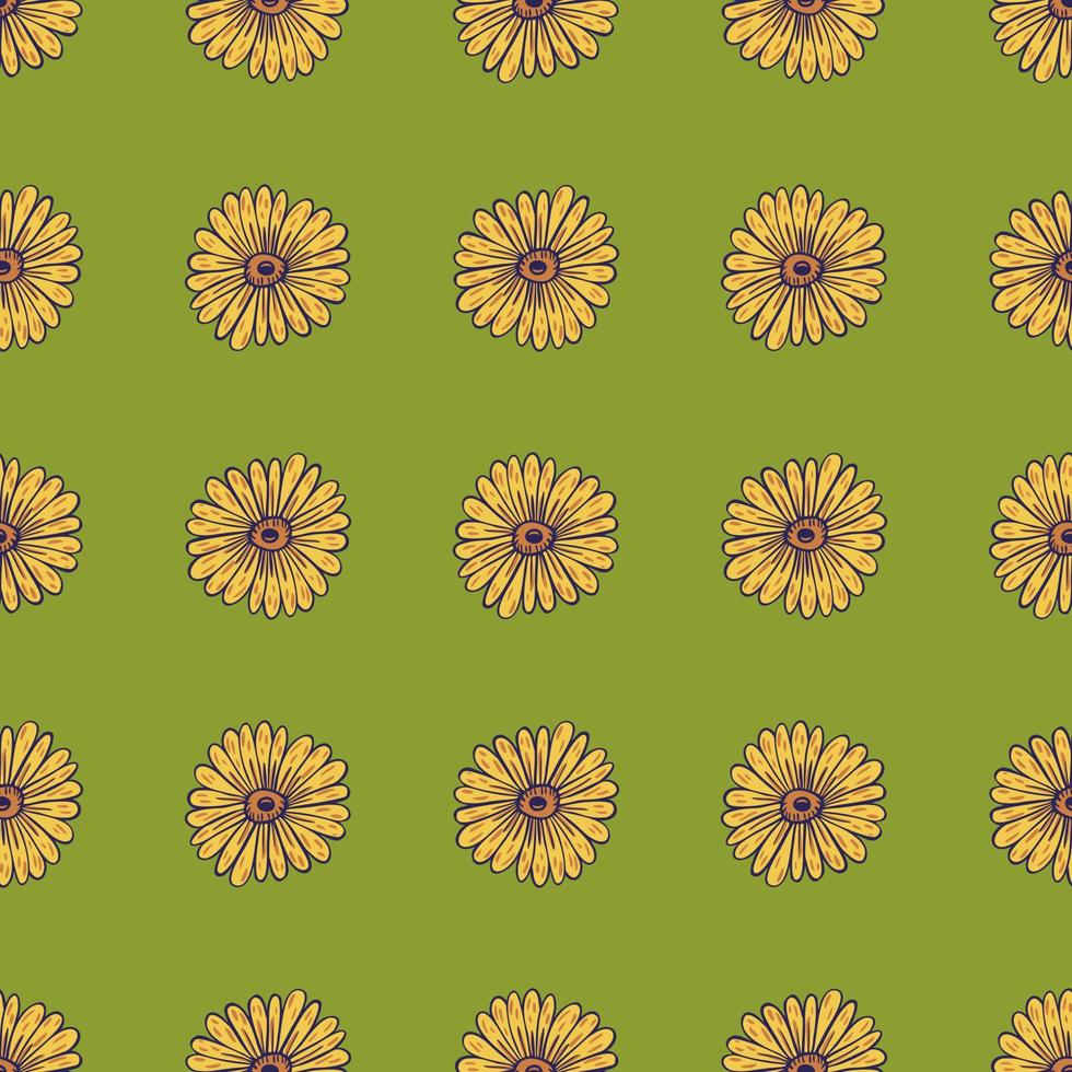 Blossom seamless pattern with contoured sunflower yellow shapes. Green background. Floral ornament. vector