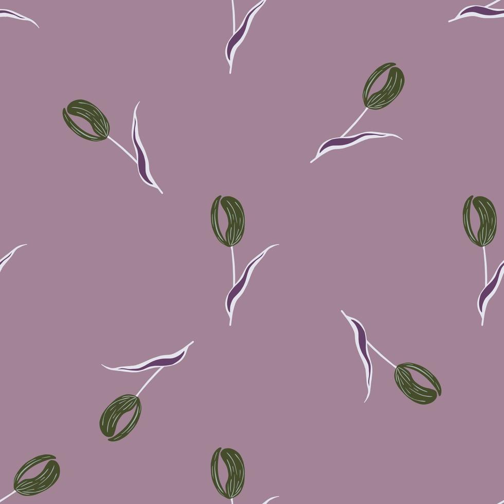Minimalistic seamless pattern with grey tulip flowers elements. Purple pastel background. Decor print. vector