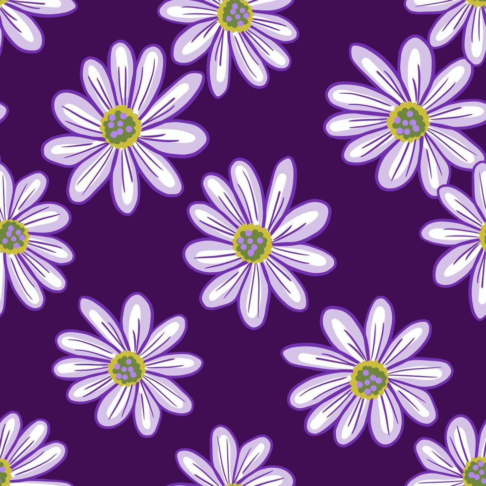 Simple floral seamless pattern with contoured daisy flowers shapes. Purple background. Natural backdrop. vector