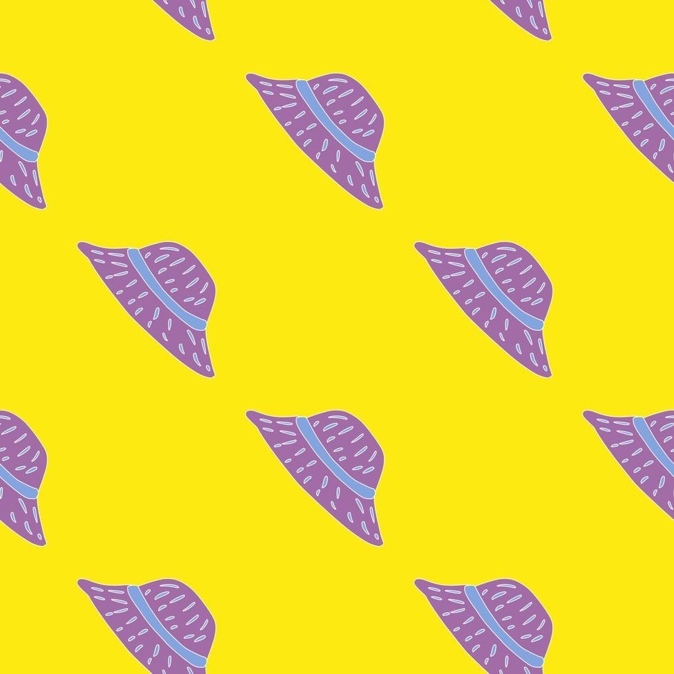Bright summer headdress seamless style pattern with purple panamas ornament. Yellow background. vector