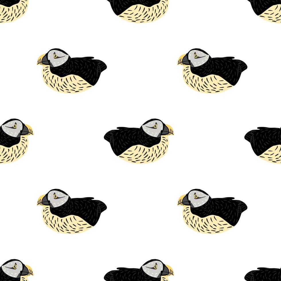 Wildlife isolated seamless pattern with black colored puffin silhouettes print. White background. Cartoon art. vector