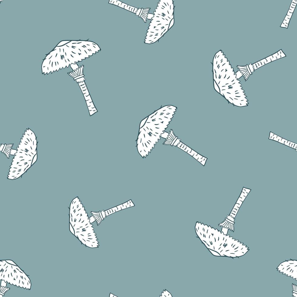 Decorative seamless pattern with random white mushroom elements. Blue background. Outline print. vector