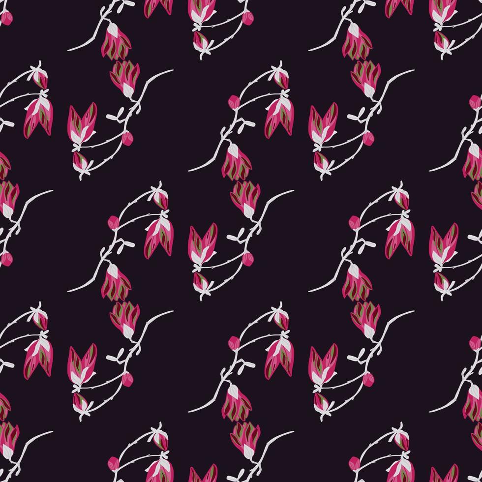 Seamless pattern Magnolias on dark background. Beautiful ornament with red flowers. vector