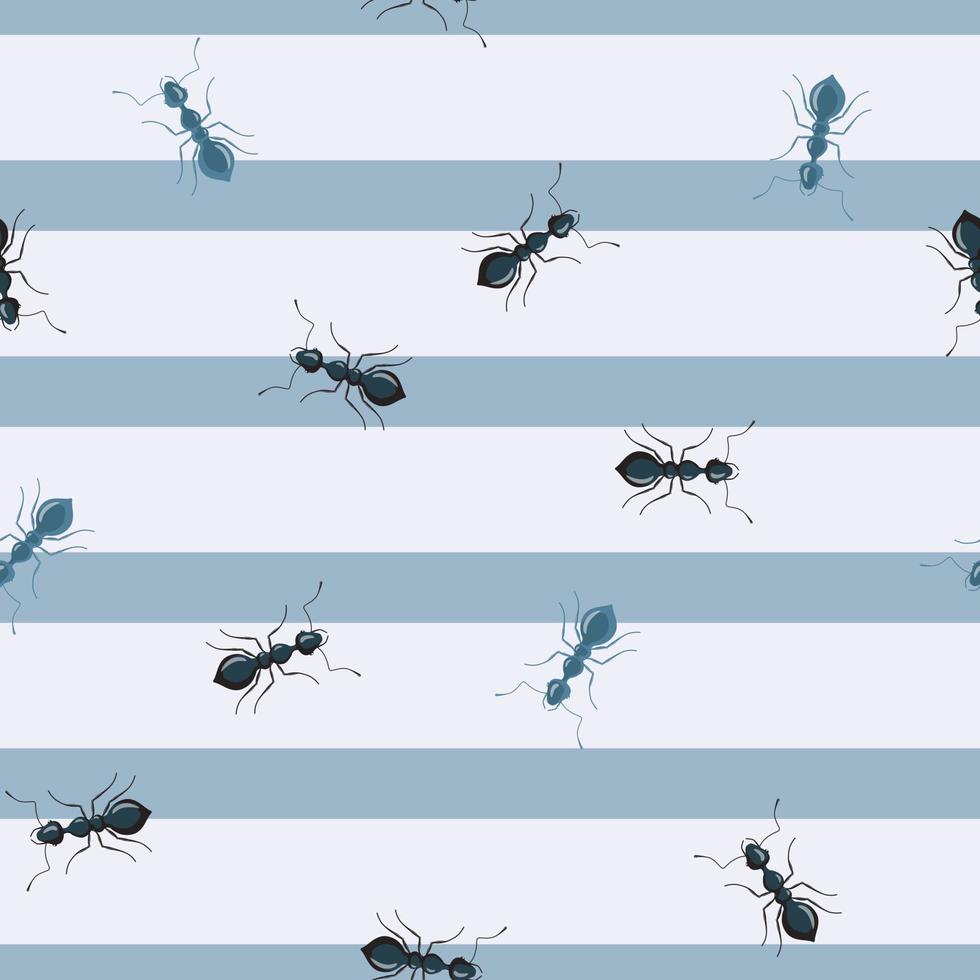 Seamless pattern colony ants on striped blue background. Vector insects template in flat style for any purpose. Modern animals texture.