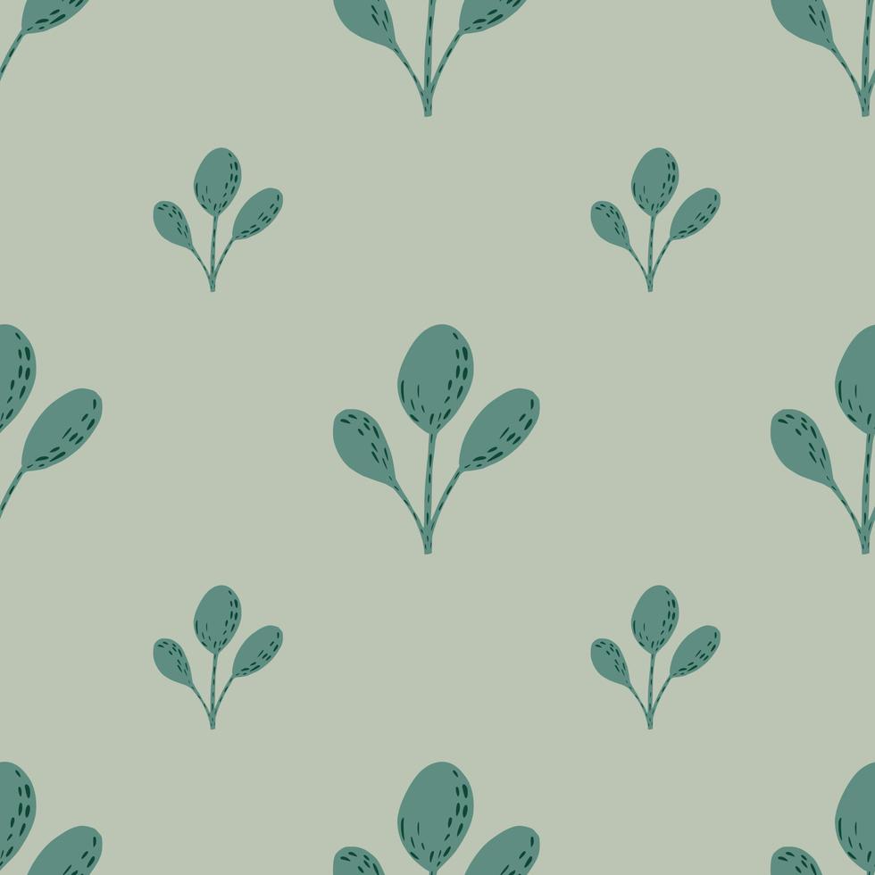Simple scandinavian leaves silhouettes seamless doodle pattern Turquoise abstract foliage on grey background. vector