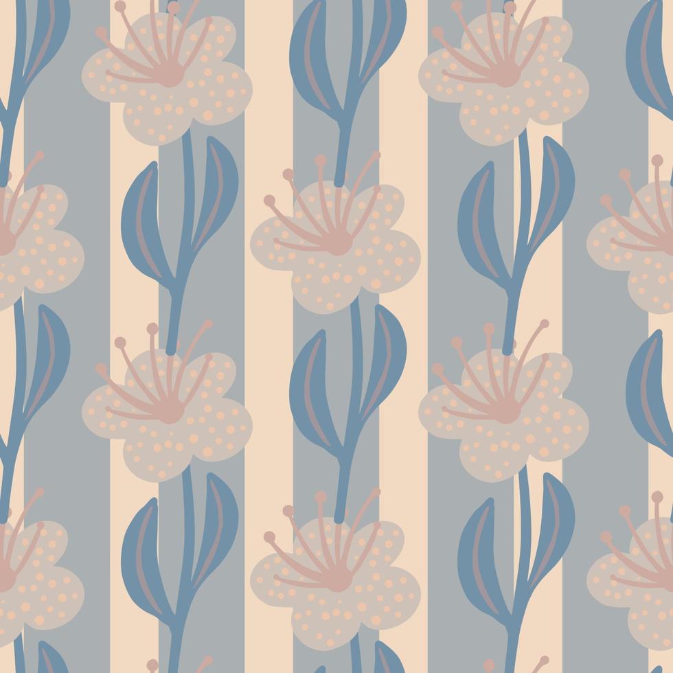 Pastel abstract seamless pattern with doodle flower silhouettes print. Striped background. Blue pale tones. vector