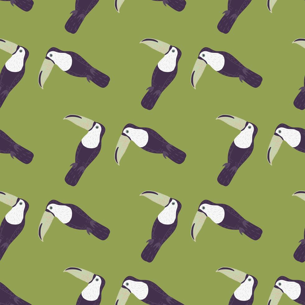 Abstract seamless pattern with purple colored zoo toucan silhouettes. Pastel green background. Doodle print. vector