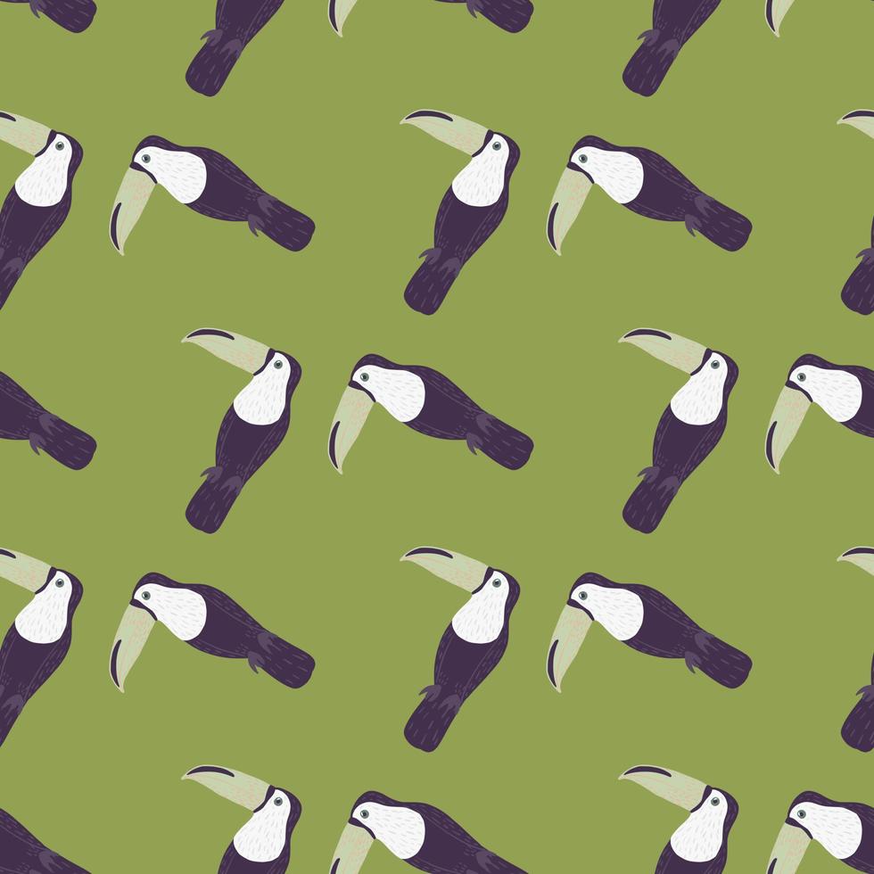 Abstract seamless pattern with purple colored zoo toucan silhouettes. Pastel green background. Doodle print. vector