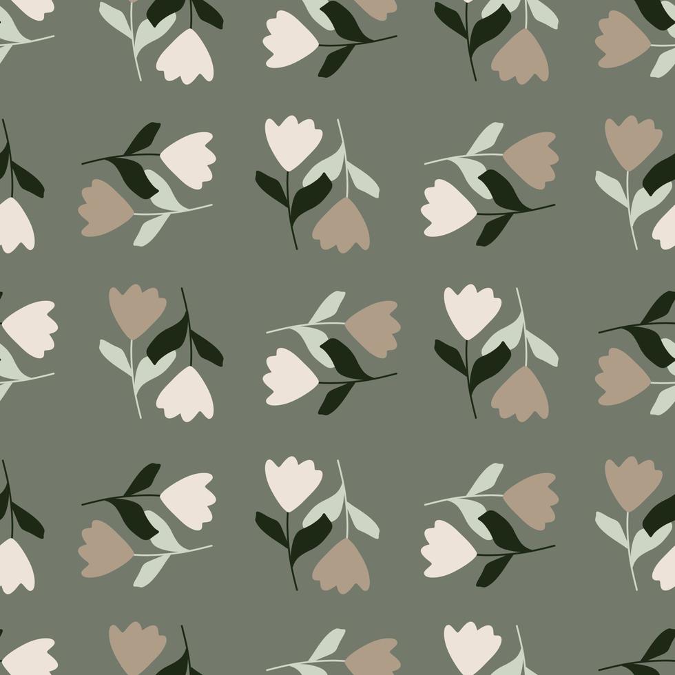 Decorative nature seamless pattern with geometric style simple tulip flowers elements. Grey background. vector