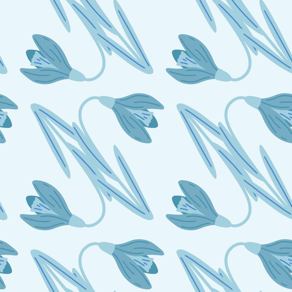 Bloom seamless pattern with vintage snowdrops flowers ornament. Blue palette artwork. vector
