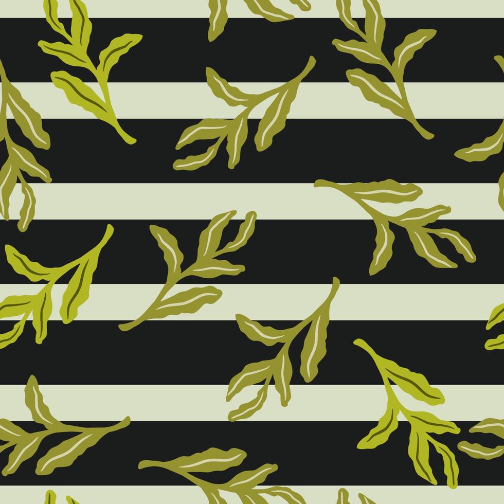 Random green doodle leaves seamless pattern. Tropical shapes on dark striped background. vector