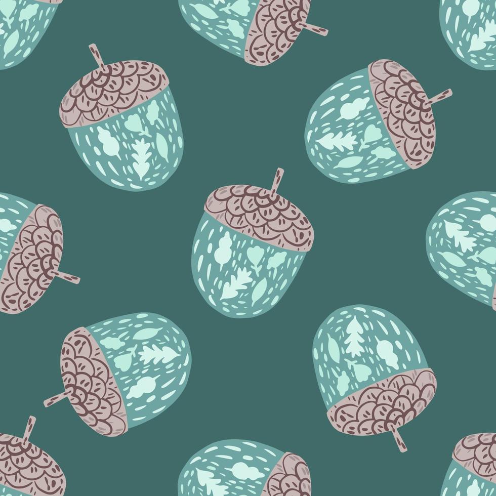 Autumn seamless oak pattern with chestnut shapes. Turquoise background in pastel tones. vector